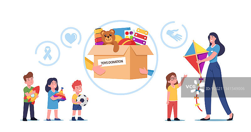 年轻女人在纸箱旁给孤儿送玩具图片素材