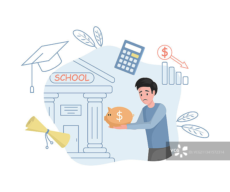 沮丧的年轻男子背着存钱罐去上学图片素材