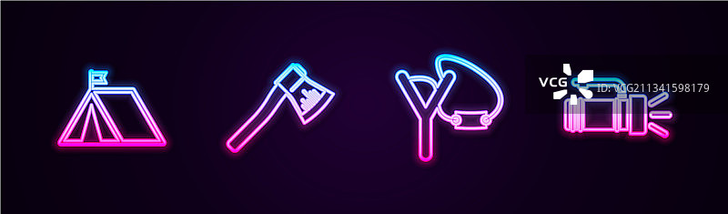 带旗帜的旅游帐篷和木斧图片素材