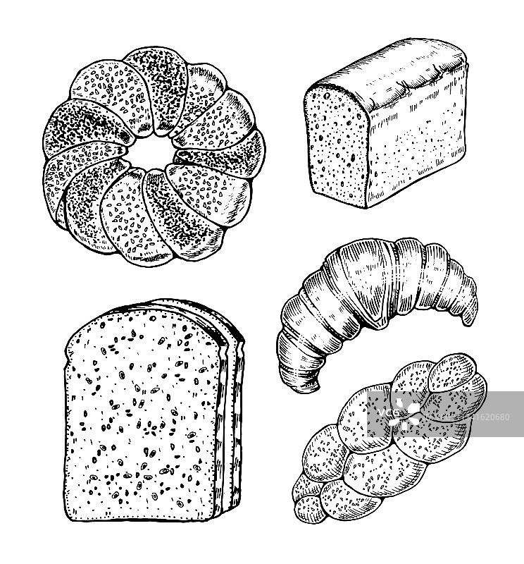 烘焙产品合集：甜甜圈和面包、羊角面包图片素材