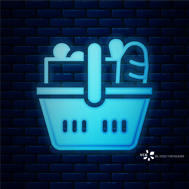 发光的霓虹灯购物篮和食物图标图片素材