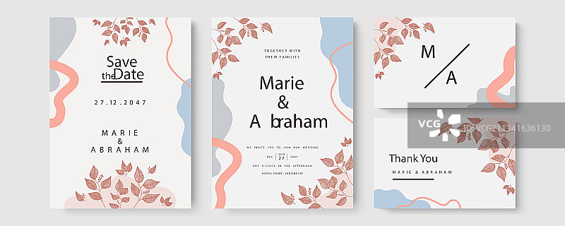 带树叶线条的婚礼请柬模板套装图片素材