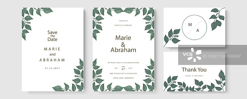 带树叶线条的婚礼请柬模板套装图片素材