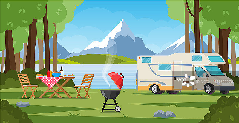 带烧烤折叠桌躺椅的露营者图片素材