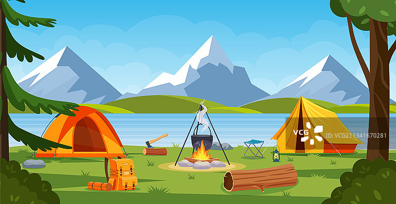 森林夏令营篝火帐篷背包图片素材