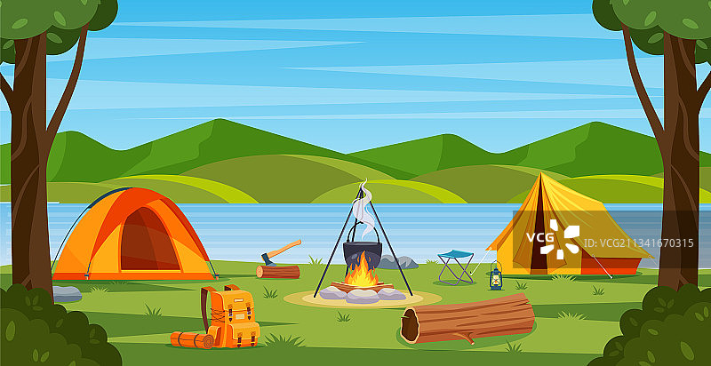 森林夏令营篝火帐篷背包图片素材