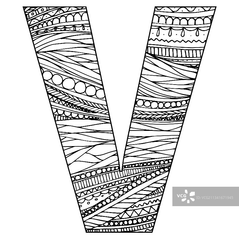 Zentangle风格字母V黑色图片素材