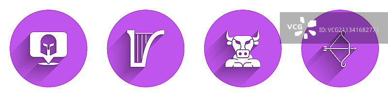 希腊头盔、竖琴、弥诺陶洛斯和中世纪弓箭合集图片素材