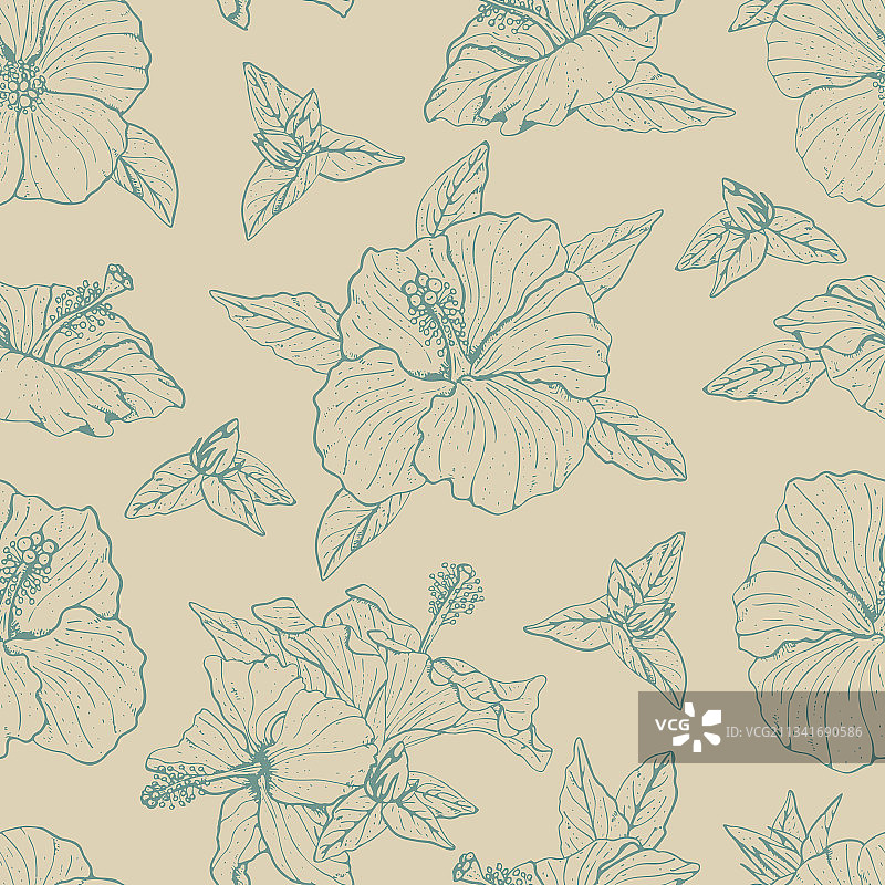 单色线条艺术芙蓉花无缝图案图片素材