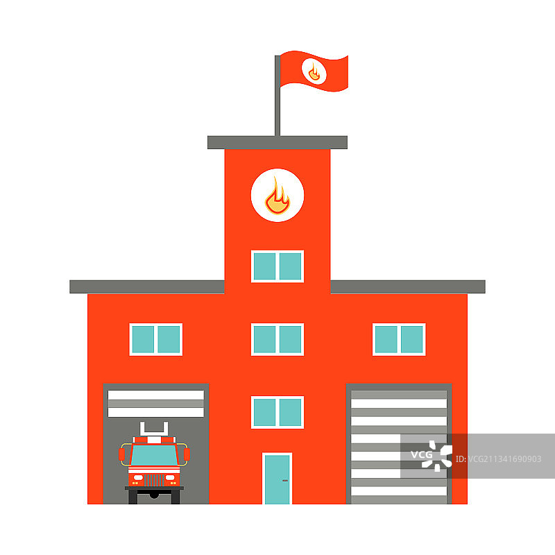 红色消防车驶出大门图片素材