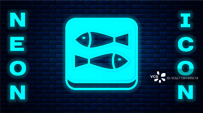 发光的霓虹灯罐头鱼图标，砖墙背景图片素材