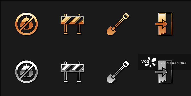 禁止烟火路障消防铲和出口标志图片素材