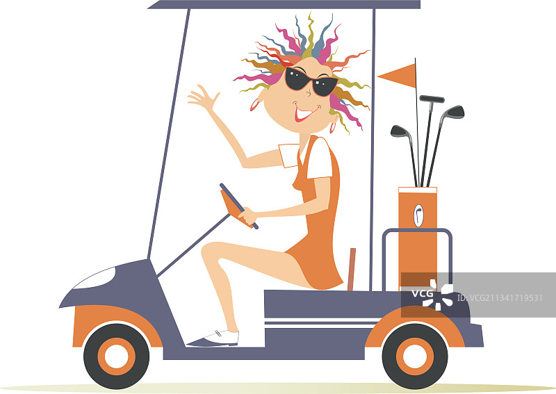 年轻女高尔夫球手乘坐高尔夫球车图片素材