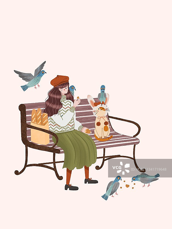 女孩与猫长凳喂鸽子图片素材