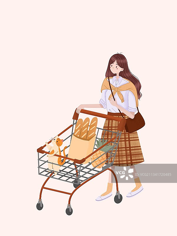 女孩与猫逛超市图片素材