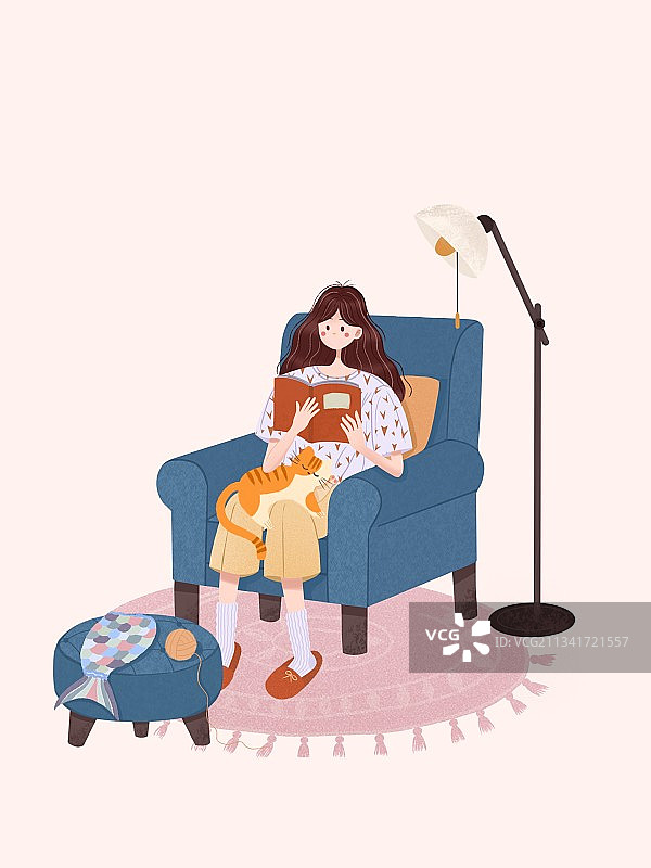 女孩与猫宅家看书图片素材