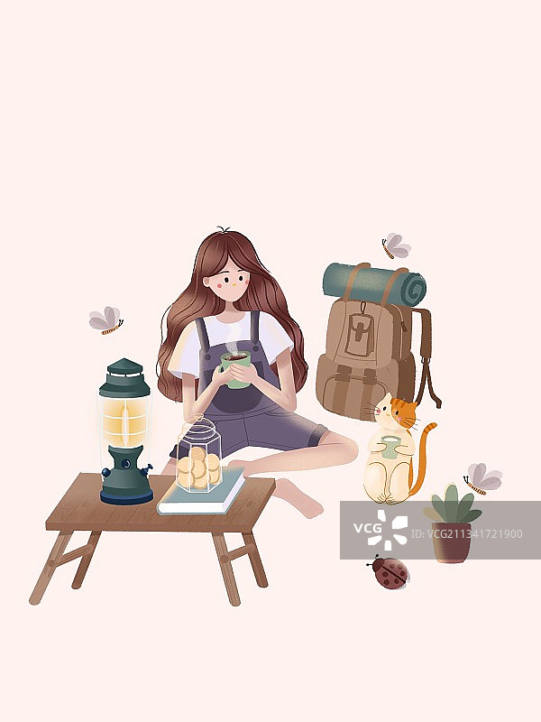 女孩和猫露营图片素材