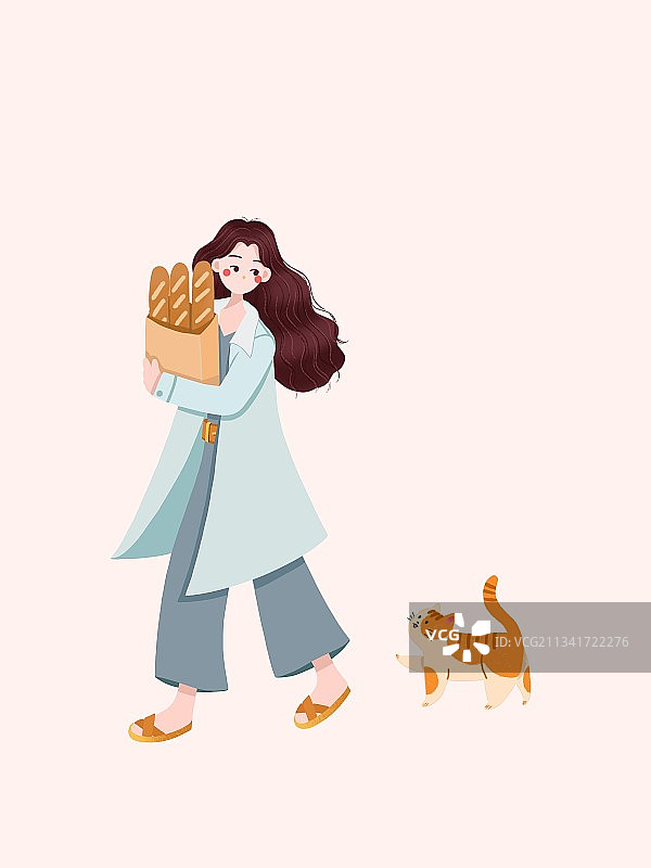女孩与猫买面包图片素材