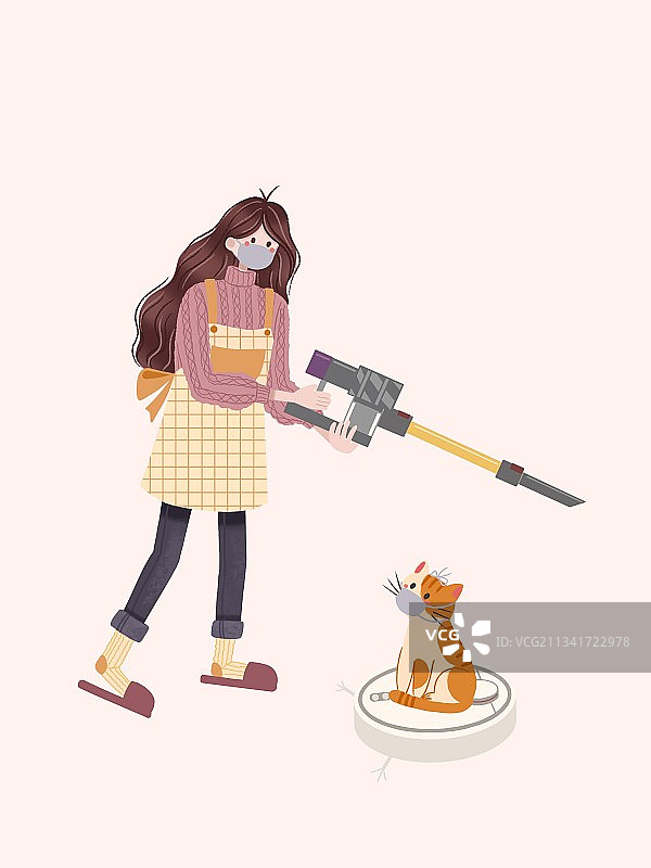 女孩与猫打扫卫生图片素材