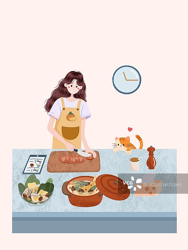 女孩与猫一起做饭图片素材