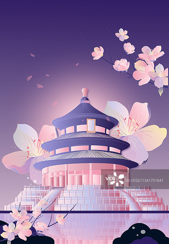 北京樱花城市地标建筑天坛新中式矢量插画图片素材