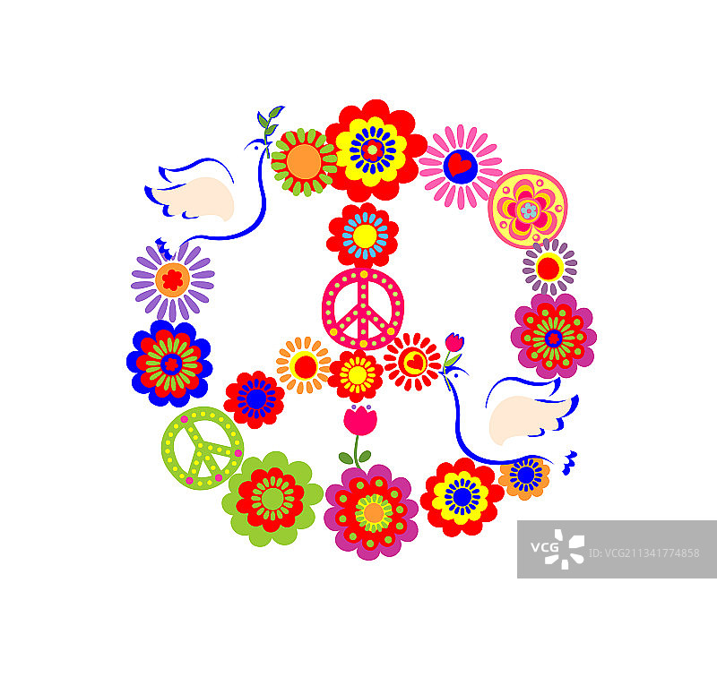 带有和平花朵符号和鸽子的贴花图片素材