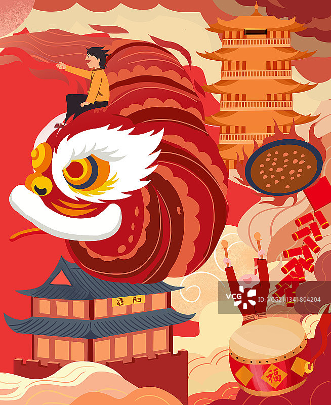 国潮风新年新春节日节气舞狮大年初一庆祝欢庆春节城市插画图片素材