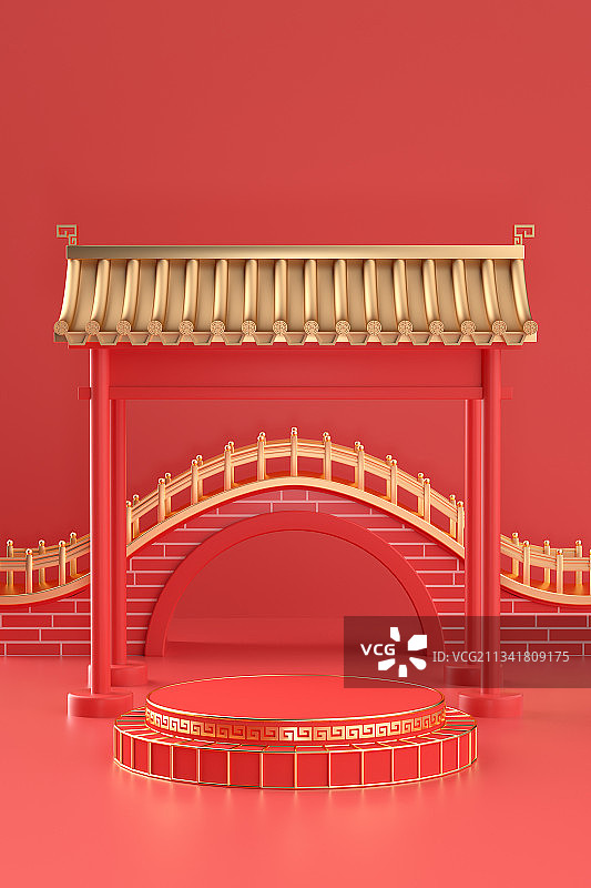 3D渲染的中国风桥梁图片素材