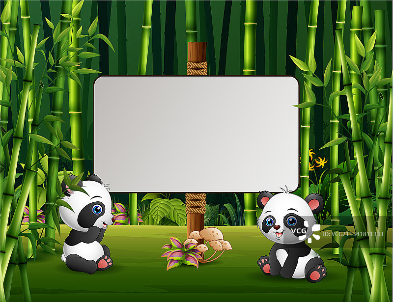 卡通两只熊猫坐在绿色田野上图片素材