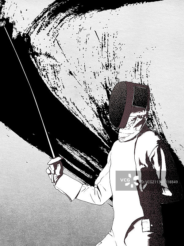 手绘击剑运动员水墨风格插画图片素材