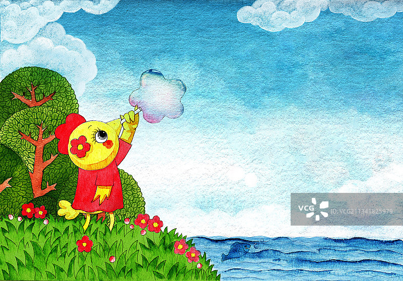 绘本插画母鸡小鸡系列-在海边吹泡泡图片素材