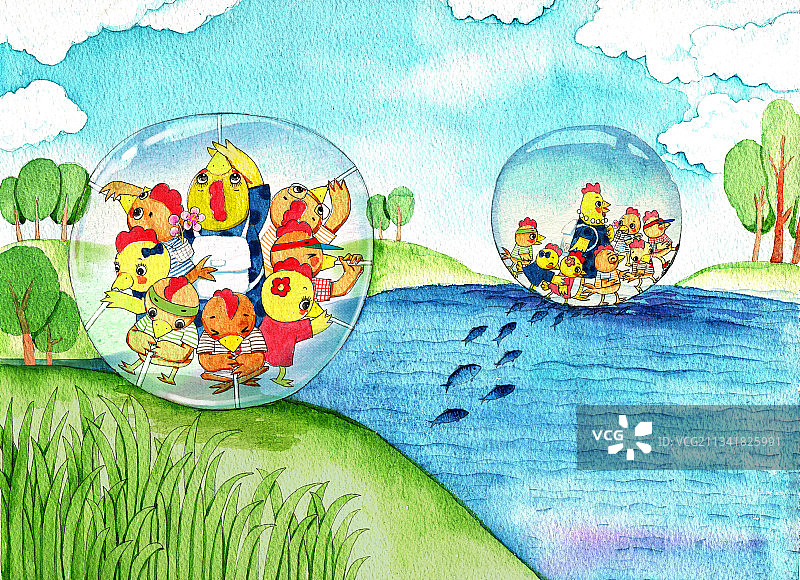 绘本插画母鸡小鸡系列-坐着泡泡床过河图片素材