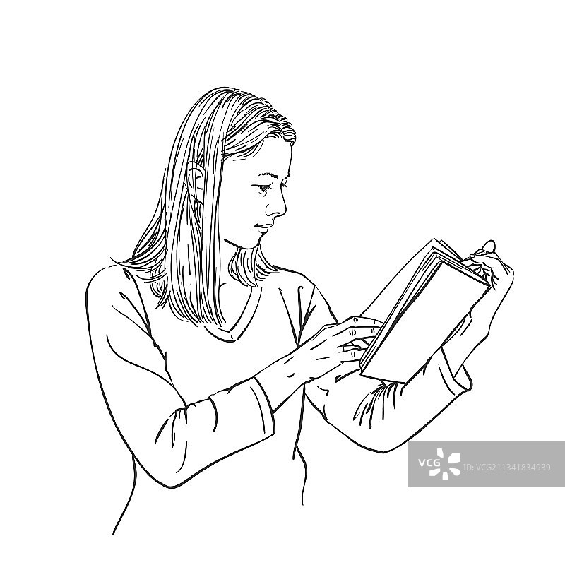 女孩正在读书，翻页素描手部特写图片素材