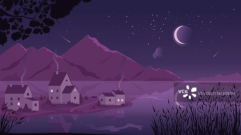 乡村夜景与村庄河流图片素材