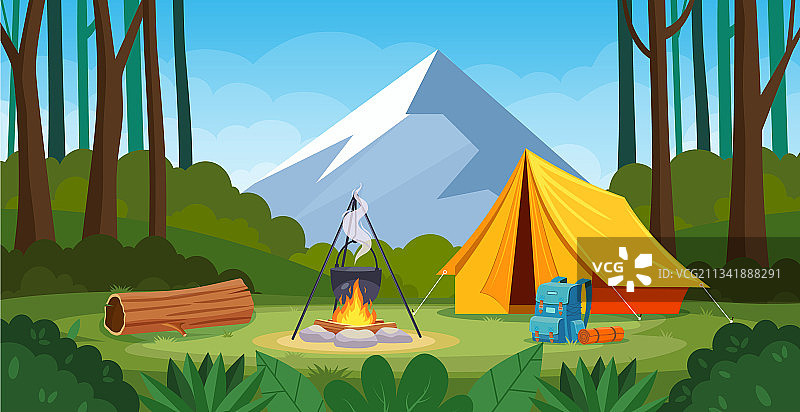 森林夏令营篝火帐篷背包图片素材