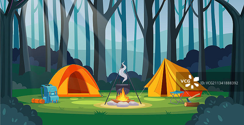 森林夏令营篝火帐篷背包图片素材