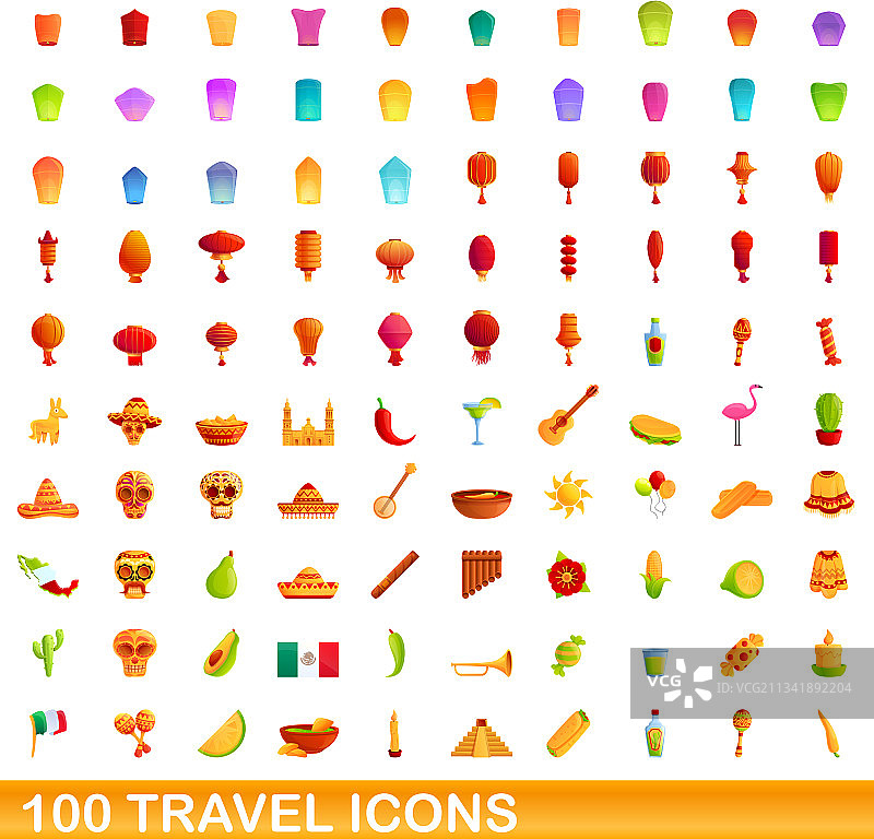100个卡通风格旅行图标合集图片素材