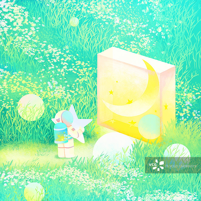 花丛草丛星星月亮星球路小宇航员梦幻插画图片素材