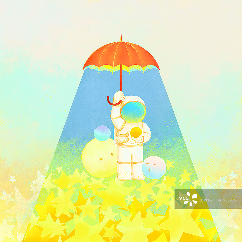 星星雨伞星球保护小宇航员梦幻插画图片素材