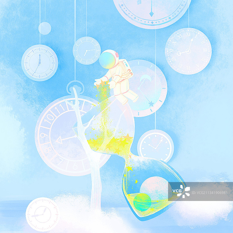 钟表沙漏白云时间星星小宇航员梦幻插画图片素材