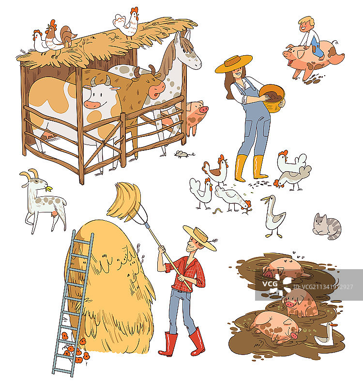 农场生活和农场动物的趣味卡通图片素材