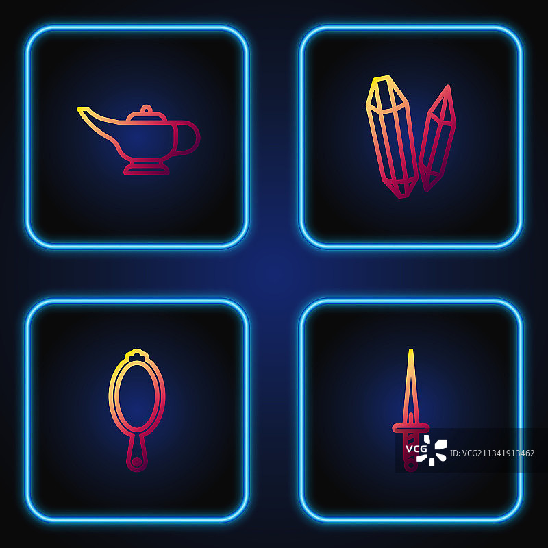 匕首、魔法镜子、阿拉丁神灯线条组合图片素材