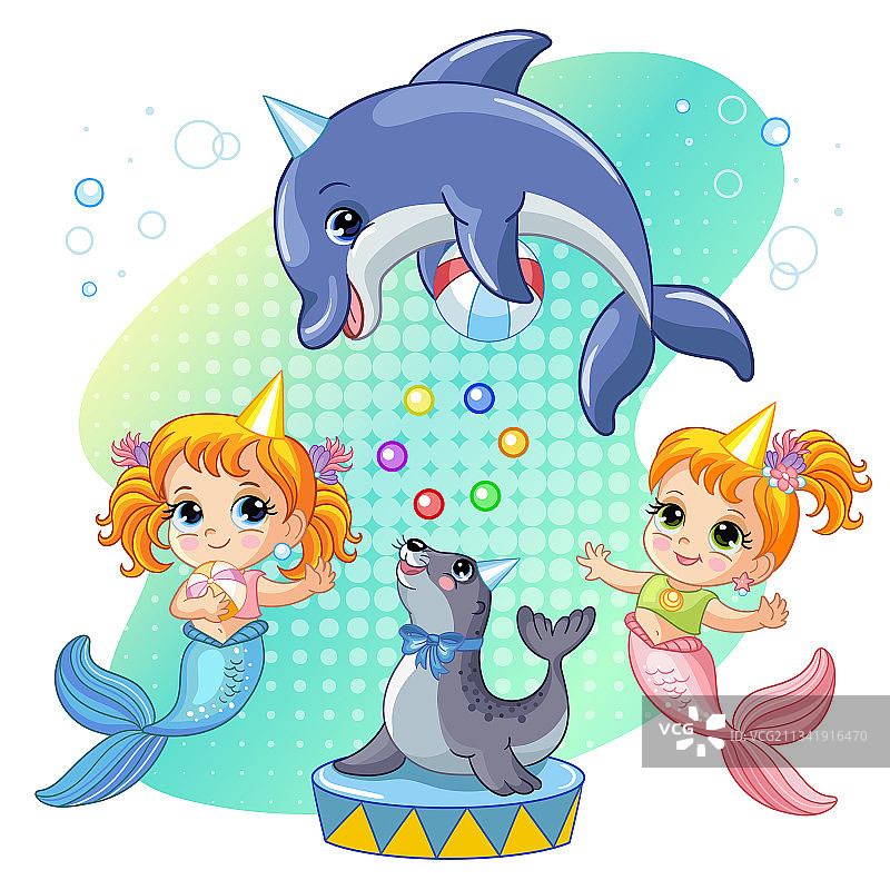 美人鱼、海豹和海豚的马戏团表演图片素材