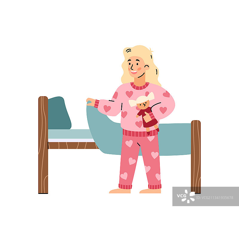 穿着粉色睡衣准备睡觉的可爱卡通女孩图片素材