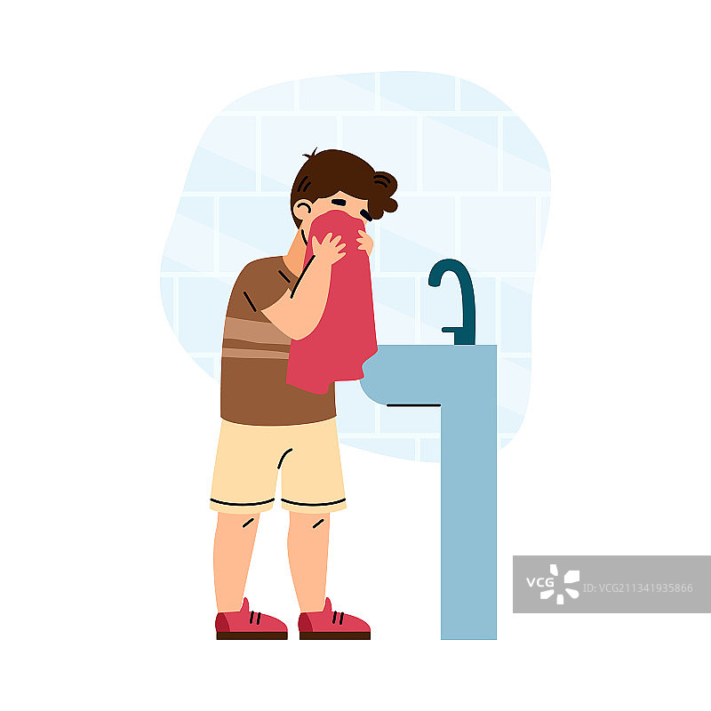 男孩洗漱后用毛巾擦脸图片素材