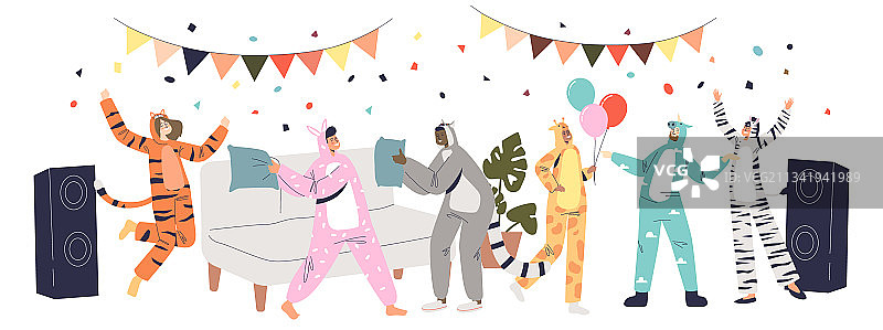 穿着连体衣的人们参加睡衣派对图片素材