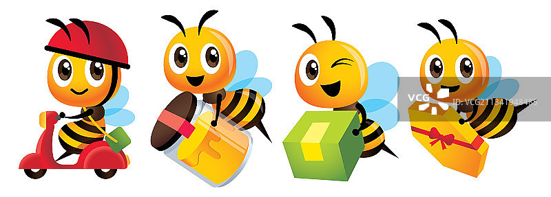 可爱的蜜蜂递送包裹吉祥物套装图片素材