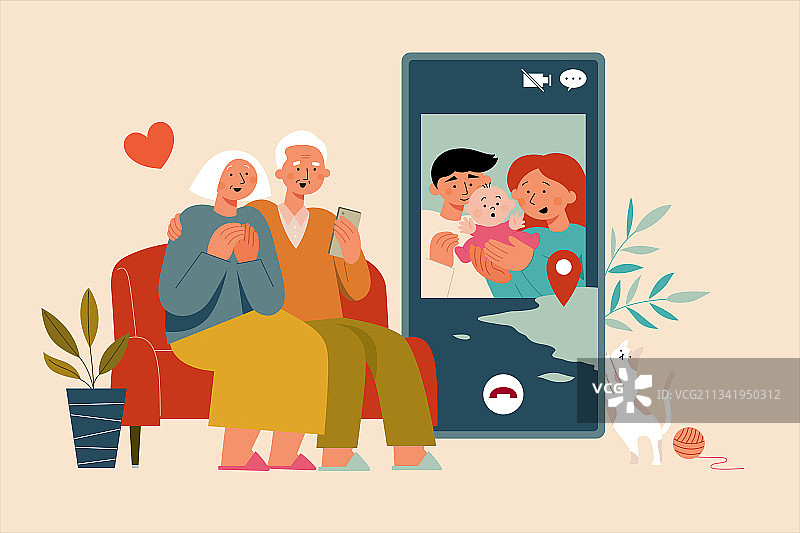 疫情间一家三代透过手机远程视频通话图片素材