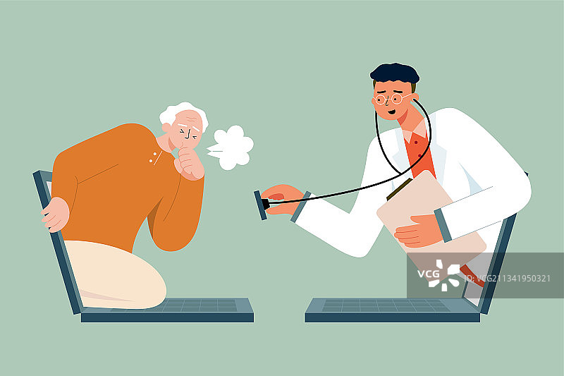 咳嗽老年男子透过远程视频通话接受远程医疗图片素材