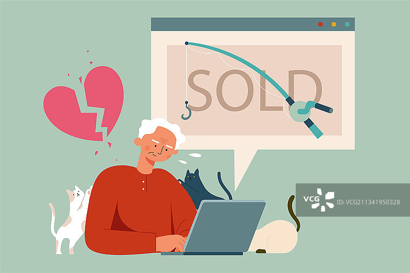 老人男子看到网上商店已售完的鱼竿而心碎图片素材